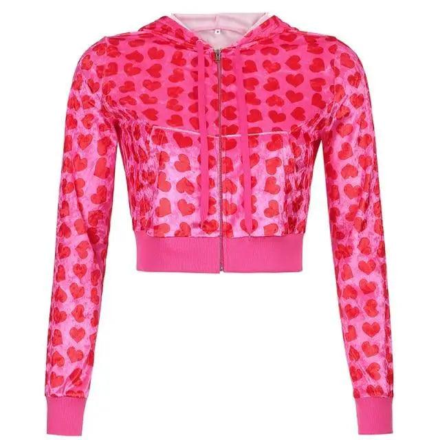 Unique Design Velvet Heart Print Cropped Top Bomber Jacket For Women Autumn Cute Pink Long Sleeve Coats Zipper Winter