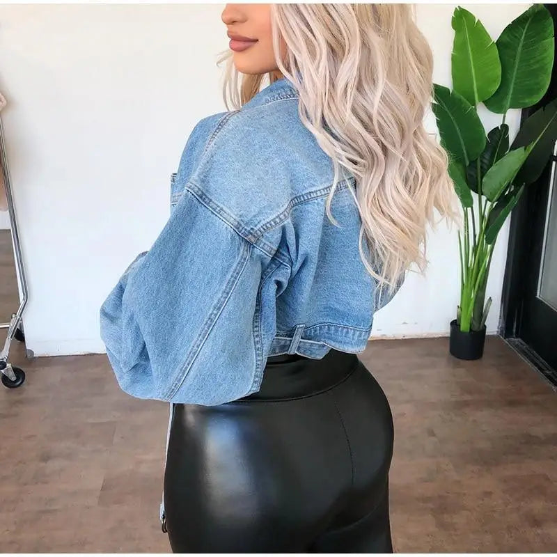 Unique Design Women’s Denim Cropped Jacket Female Pockets Hole Short Jean Jackets Ladies Fashionable Button Casual