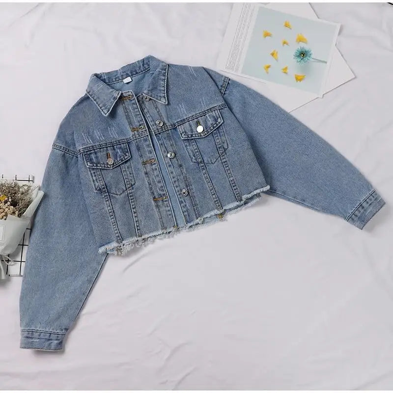 Unique Design Women’s Denim Cropped Jacket Female Pockets Hole Short Jean Jackets Ladies Fashionable Button Casual