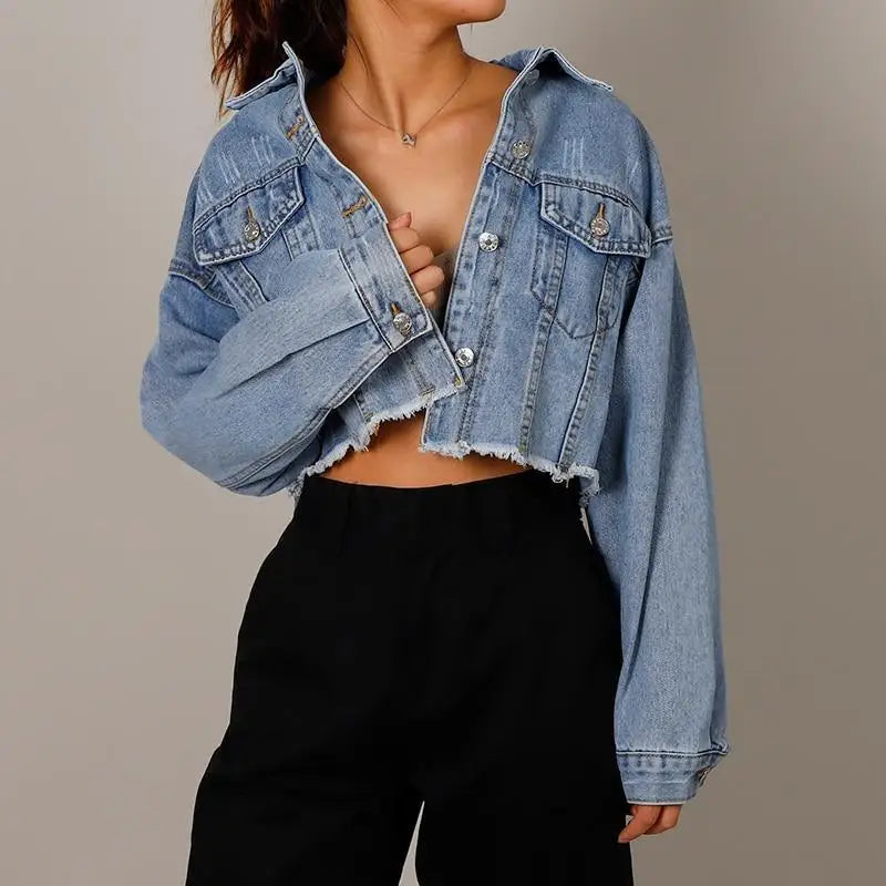 Unique Design Women’s Denim Cropped Jacket Female Pockets Hole Short Jean Jackets Ladies Fashionable Button Casual