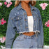 Unique Design Women’s Denim Cropped Jacket Female Pockets Hole Short Jean Jackets Ladies Fashionable Button Casual