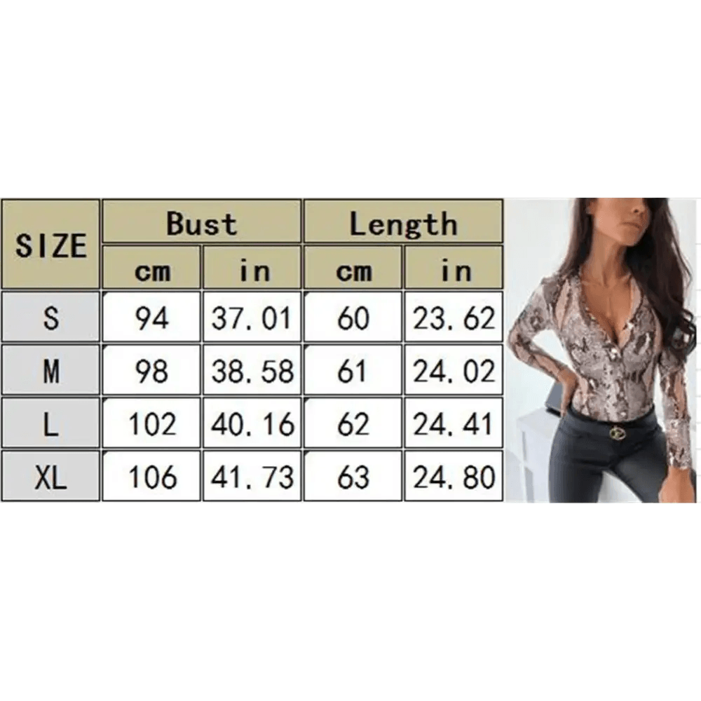 Unique Design Women’s Snakeskin Leopard Print Blouse Ladies Casual Long Sleeve V - neck Button Down Bodycon Slim Fit