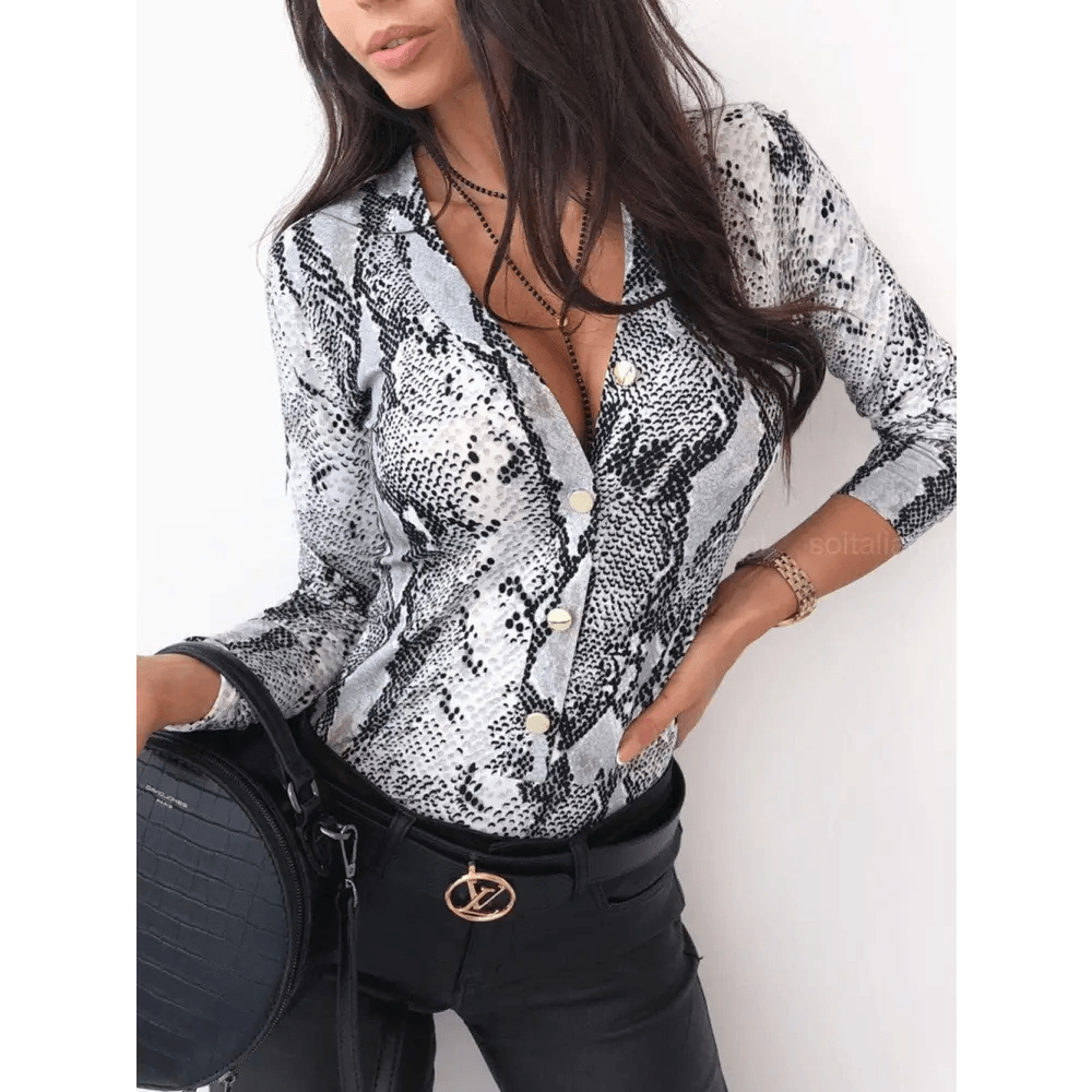 Unique Design Women’s Snakeskin Leopard Print Blouse Ladies Casual Long Sleeve V - neck Button Down Bodycon Slim Fit