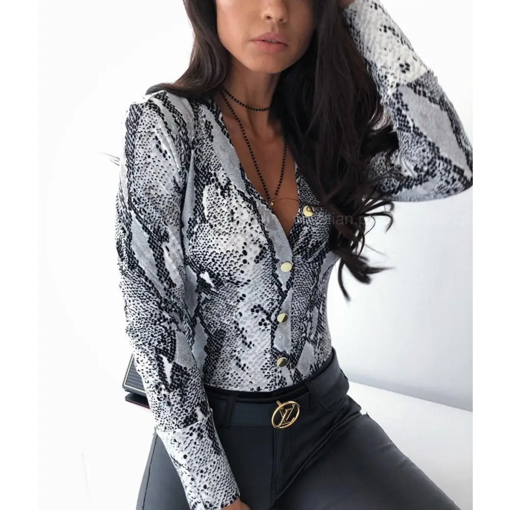 Unique Design Women’s Snakeskin Leopard Print Blouse Ladies Casual Long Sleeve V - neck Button Down Bodycon Slim Fit