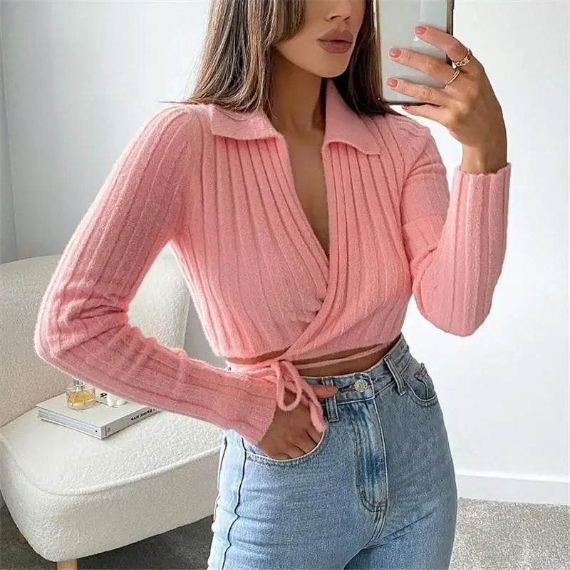 Unique Design Women’s Sweater Solid Cross V - Neck Lace Up Bow Jumpers Long Sleeve Cardigan Female Spring Knitted