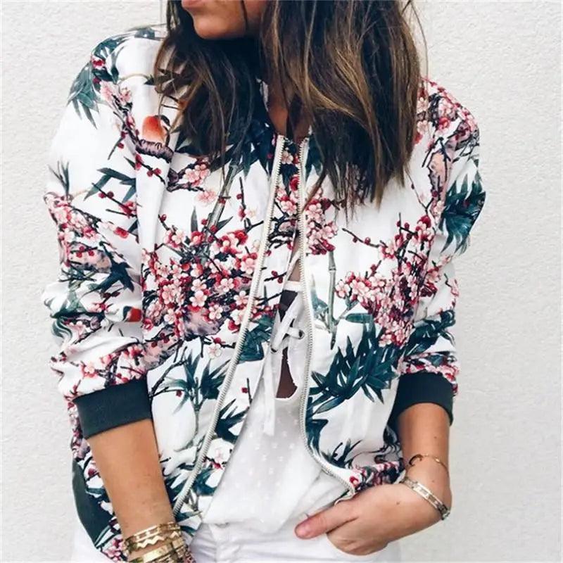 Unique Nature Design Women’s jackets Floral Printed Ladies Zipper Up Bomber Outwear Spring Long Sleeve Short Thin