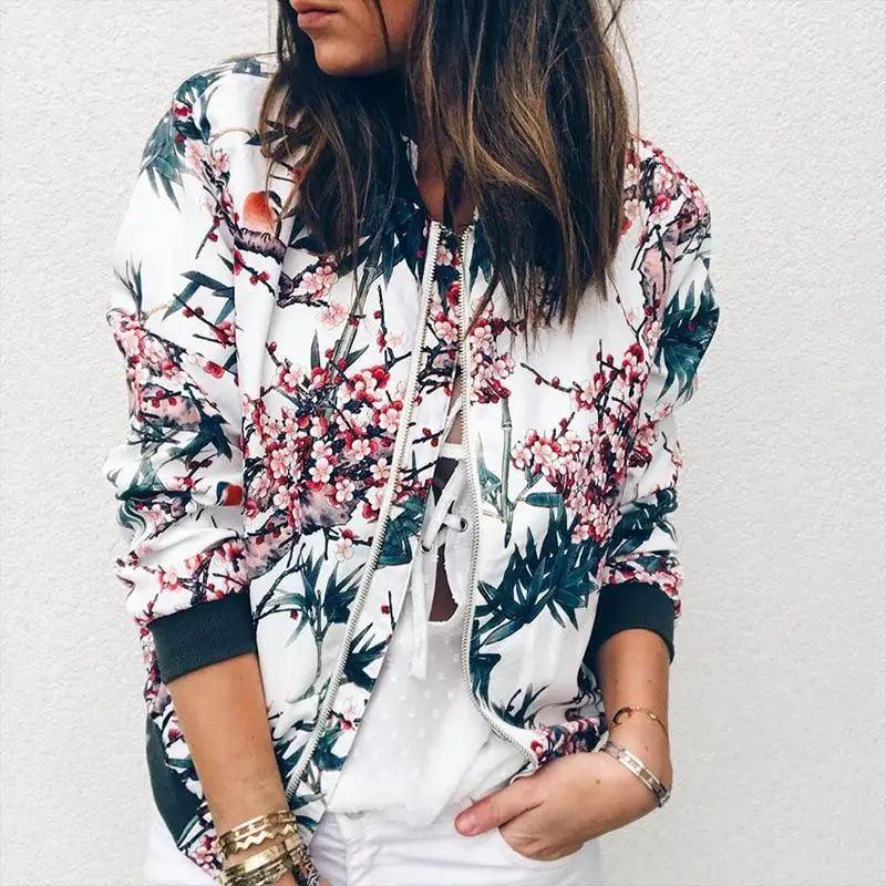 Unique Nature Design Women’s jackets Floral Printed Ladies Zipper Up Bomber Outwear Spring Long Sleeve Short Thin