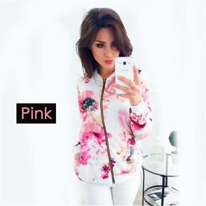 Unique Nature Design Women’s jackets Floral Printed Ladies Zipper Up Bomber Outwear Spring Long Sleeve Short Thin