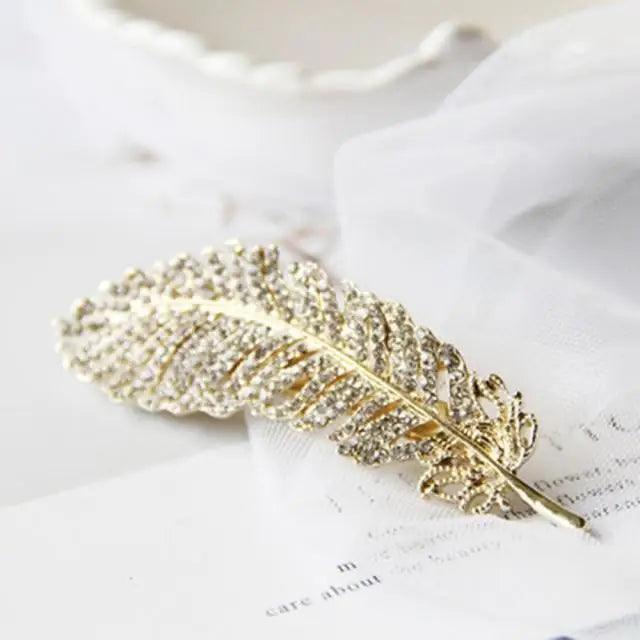 Unique Rhinestones Luxurious Feather Hair Crystal Hairpin For Women Luxury Feather Gold And Silver Hair Clip For Women