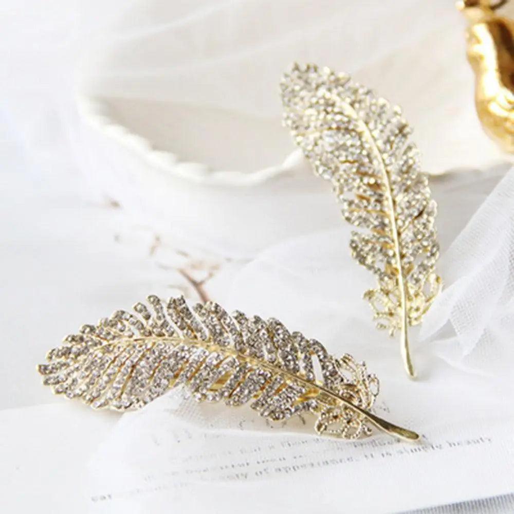 Unique Rhinestones Luxurious Feather Hair Crystal Hairpin For Women Luxury Feather Gold And Silver Hair Clip For Women