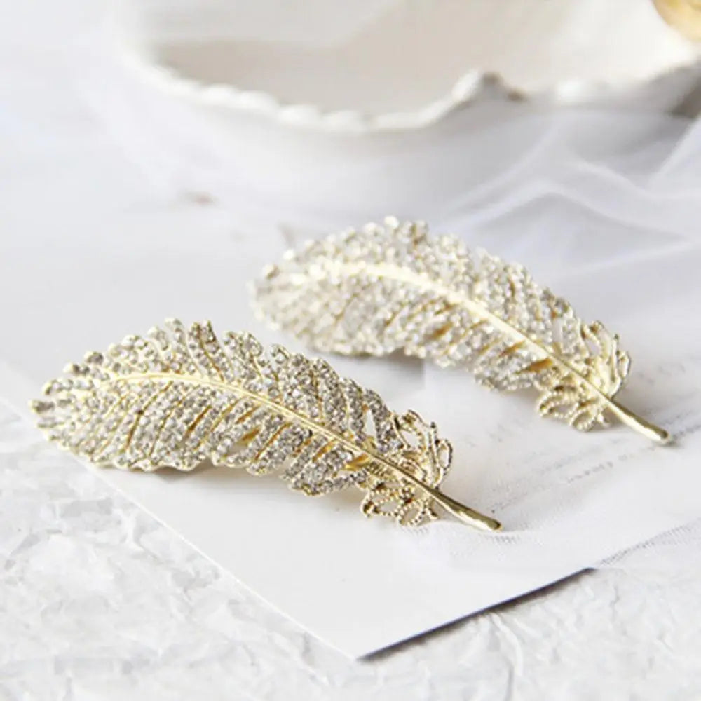 Unique Rhinestones Luxurious Feather Hair Crystal Hairpin For Women Luxury Feather Gold And Silver Hair Clip For Women