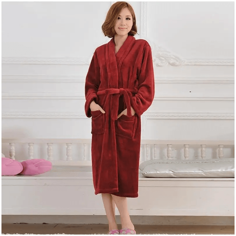 Unisex Comfortable Fleece Soft Bathrobes Elegant Sleepwear For Men And Women Winter Indoor Warm Bathrobe - Wine red / L