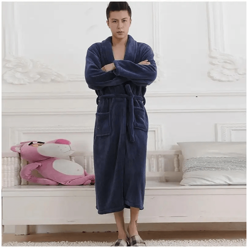 Unisex Comfortable Fleece Soft Bathrobes Elegant Sleepwear For Men And Women Winter Indoor Warm Bathrobe - Navy blue