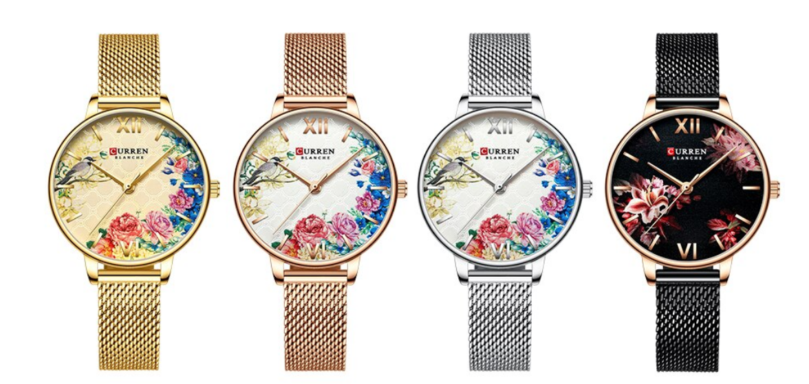 Womens Watches With Decoupage Flower Patterns And Details Of Large Roman Numbers