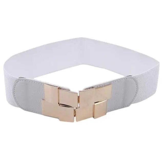 Vintage Black Square Elastic Buckle Belts Elegant Design High Quality Party Dress Waist Belt Cute Women Gift - White