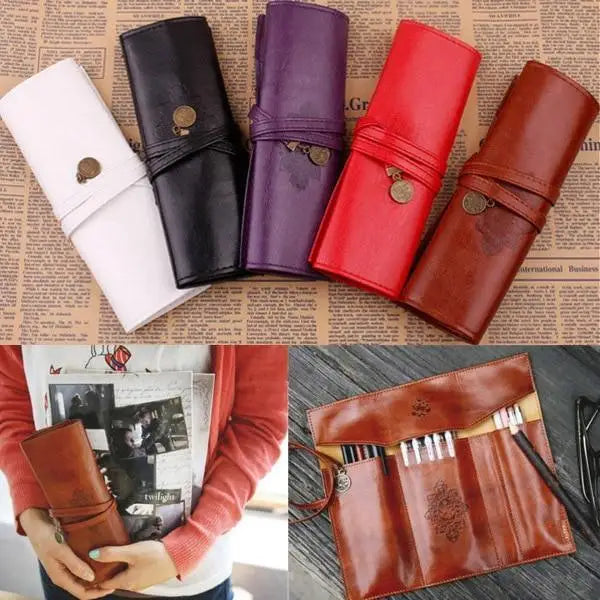 Vintage PU Leather Roll Up Pencil Case Classic Brown Foldable Pouch For Paint Brush School Accessories College And Art