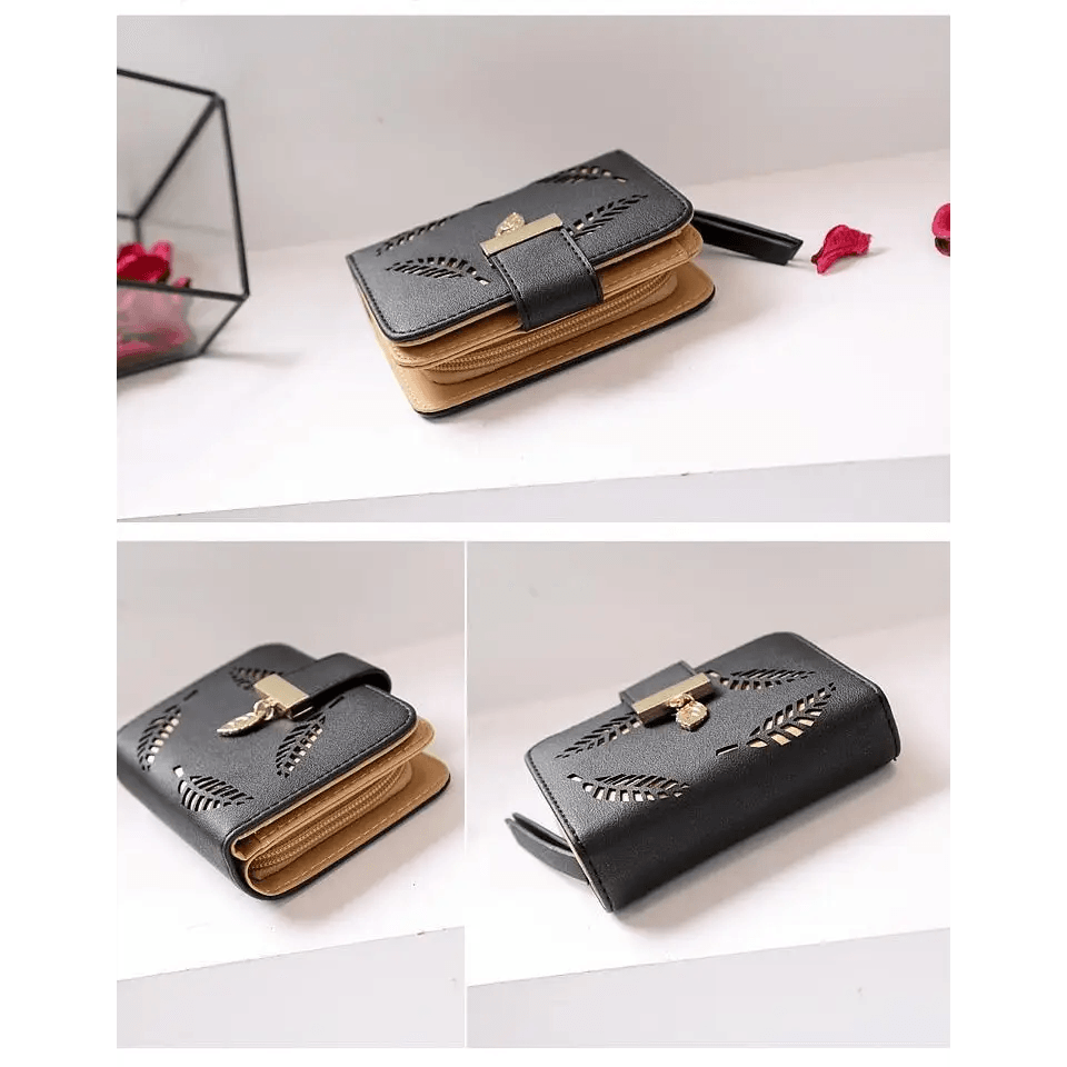 Vintage PU Leather Short Wallets Leaf Design Fashion Purse For Women Elegant Ladies Cute Zipper Purses Card Holders