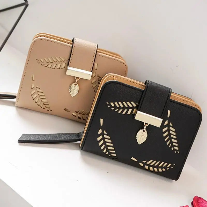 Vintage PU Leather Short Wallets Leaf Design Fashion Purse For Women Elegant Ladies Cute Zipper Purses Card Holders