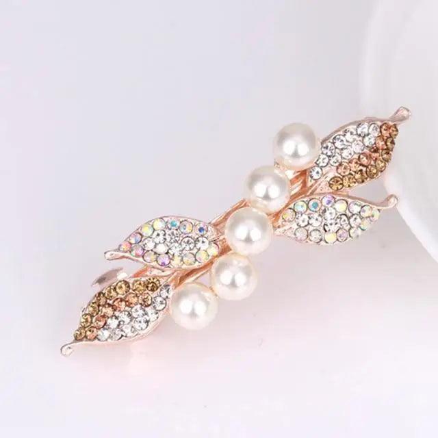 Vintage Rhinestone Ladies Leaf Shape Hair Barrettes Charming Hair Clips For Women Fancy Hair Clips - Champagne