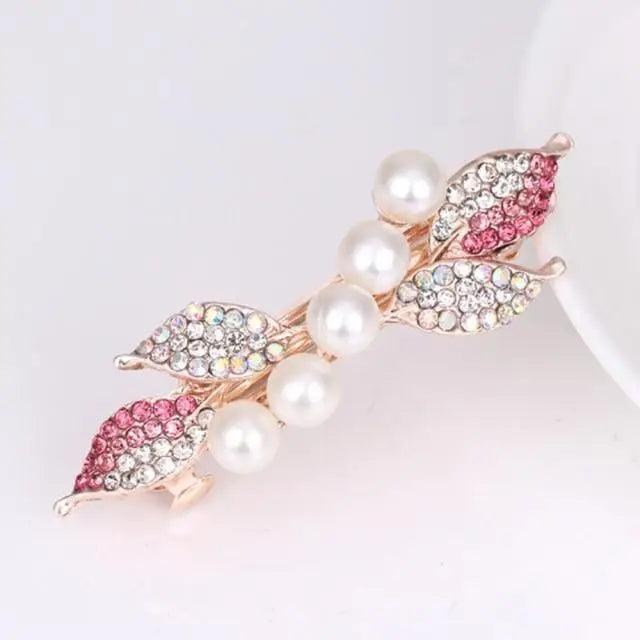 Vintage Rhinestone Ladies Leaf Shape Hair Barrettes Charming Hair Clips For Women Fancy Hair Clips - Pink