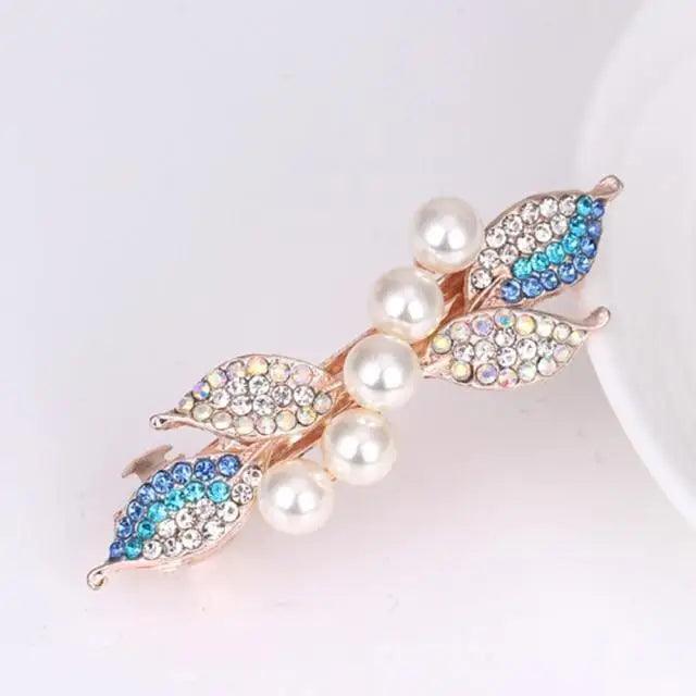 Vintage Rhinestone Ladies Leaf Shape Hair Barrettes Charming Hair Clips For Women Fancy Hair Clips - Blue