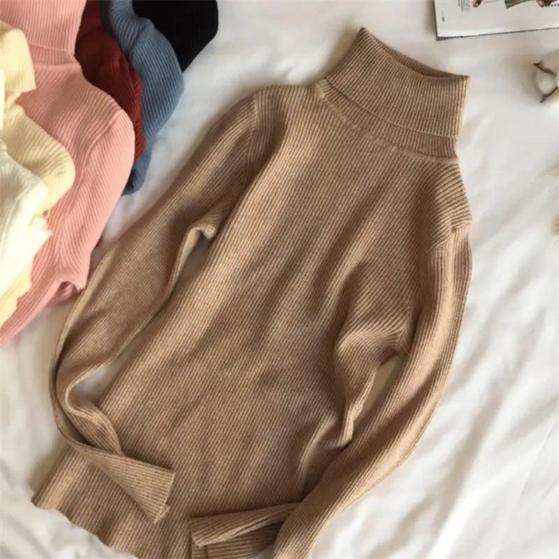 Vintage Style Autumn Winter Thick Sweater For Women Knitted Ribbed Pullover Sweater Long Sleeve Turtleneck Slim Jumper