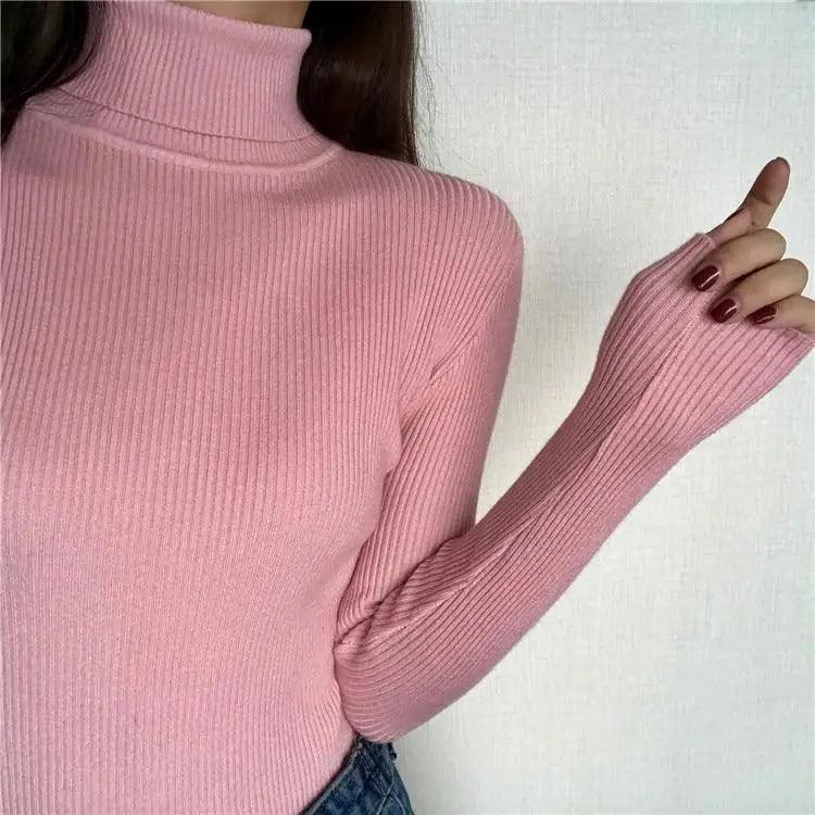 Vintage Style Autumn Winter Thick Sweater For Women Knitted Ribbed Pullover Sweater Long Sleeve Turtleneck Slim Jumper