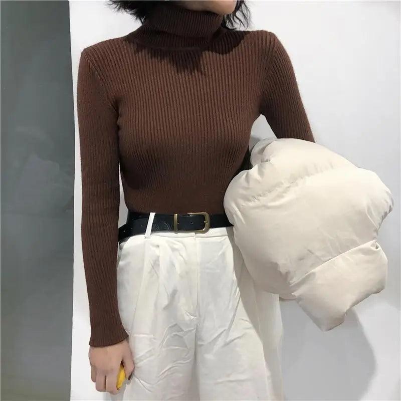 Vintage Style Autumn Winter Thick Sweater For Women Knitted Ribbed Pullover Sweater Long Sleeve Turtleneck Slim Jumper