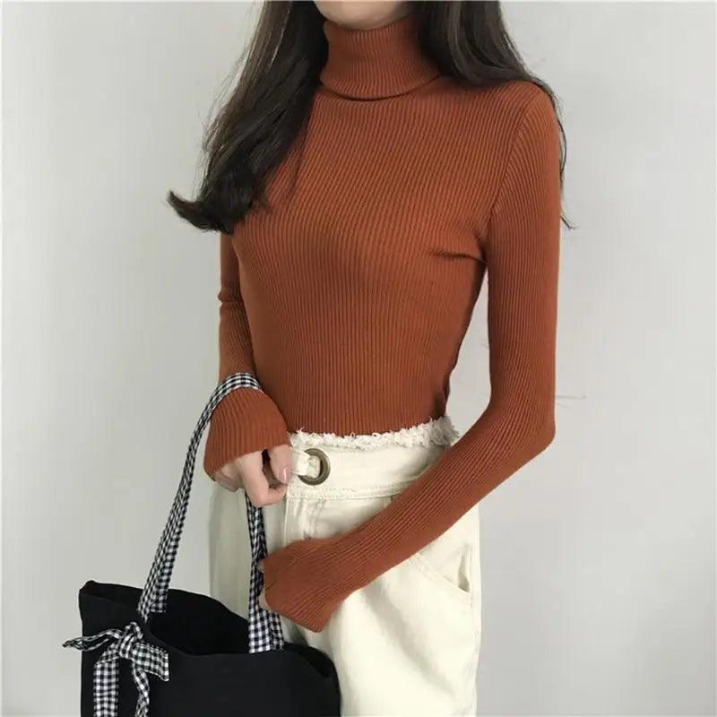 Vintage Style Autumn Winter Thick Sweater For Women Knitted Ribbed Pullover Sweater Long Sleeve Turtleneck Slim Jumper