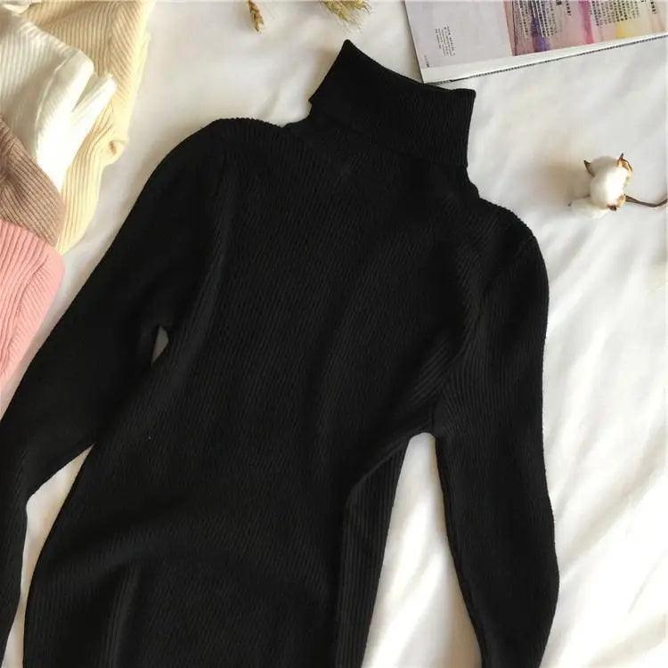 Vintage Style Autumn Winter Thick Sweater For Women Knitted Ribbed Pullover Sweater Long Sleeve Turtleneck Slim Jumper