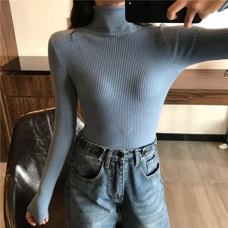 Vintage Style Autumn Winter Thick Sweater For Women Knitted Ribbed Pullover Sweater Long Sleeve Turtleneck Slim Jumper