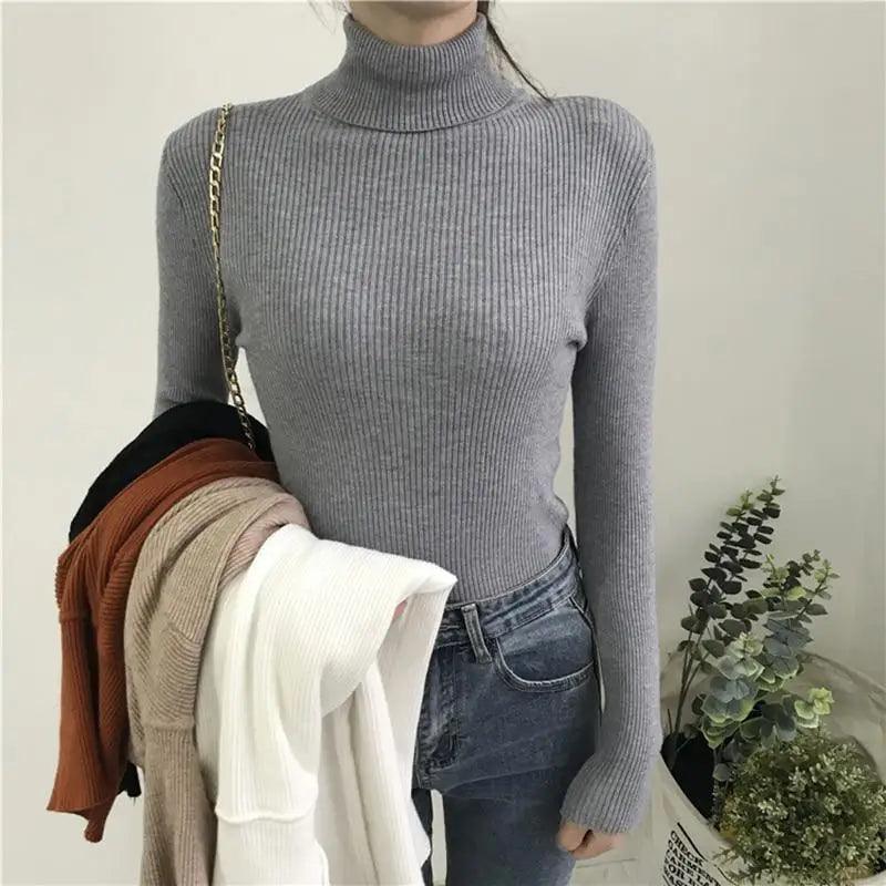 Vintage Style Autumn Winter Thick Sweater For Women Knitted Ribbed Pullover Sweater Long Sleeve Turtleneck Slim Jumper