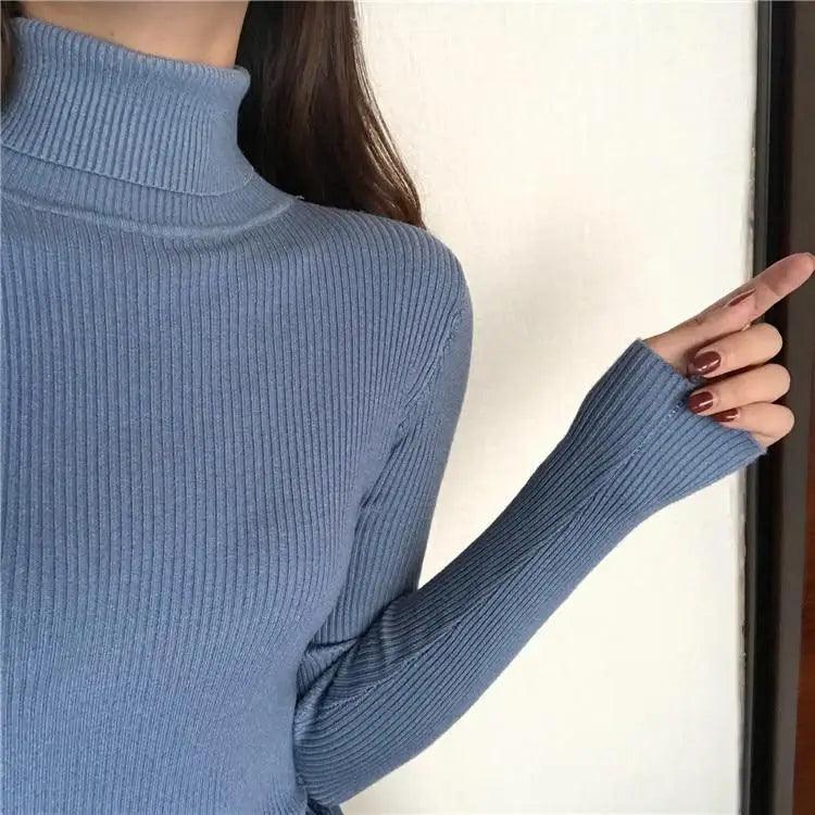 Vintage Style Autumn Winter Thick Sweater For Women Knitted Ribbed Pullover Sweater Long Sleeve Turtleneck Slim Jumper