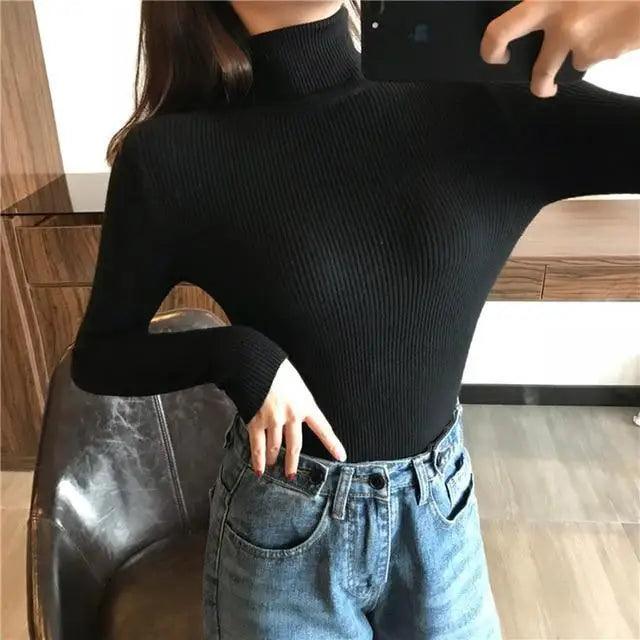 Vintage Style Autumn Winter Thick Sweater For Women Knitted Ribbed Pullover Sweater Long Sleeve Turtleneck Slim Jumper