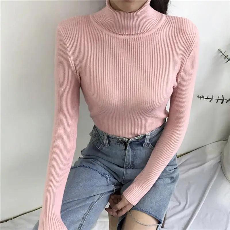 Vintage Style Autumn Winter Thick Sweater For Women Knitted Ribbed Pullover Sweater Long Sleeve Turtleneck Slim Jumper