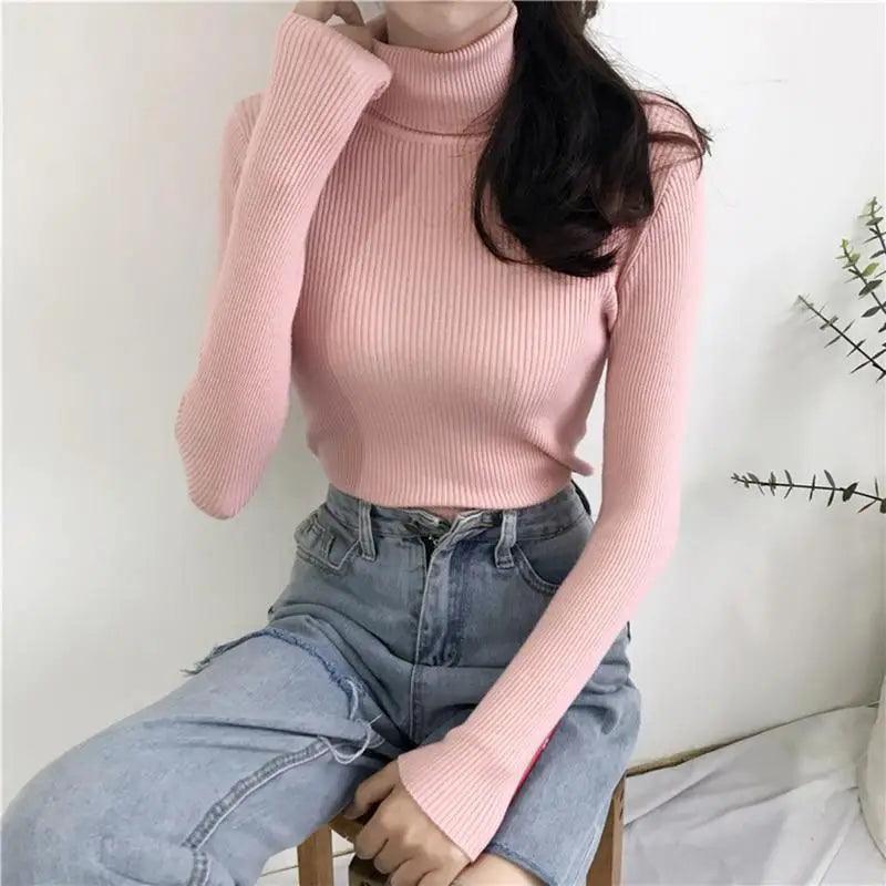 Vintage Style Autumn Winter Thick Sweater For Women Knitted Ribbed Pullover Sweater Long Sleeve Turtleneck Slim Jumper