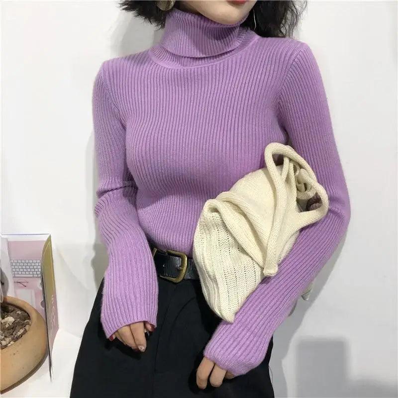 Vintage Style Autumn Winter Thick Sweater For Women Knitted Ribbed Pullover Sweater Long Sleeve Turtleneck Slim Jumper