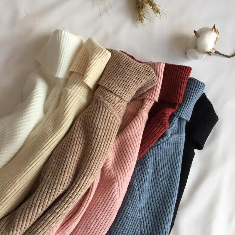 Vintage Style Autumn Winter Thick Sweater For Women Knitted Ribbed Pullover Sweater Long Sleeve Turtleneck Slim Jumper