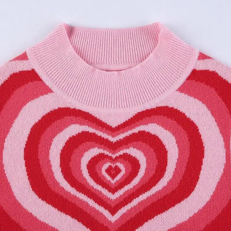 Vintage Style Knitted Sweater Aesthetics Heart Striped Pullovers Sweater For Girls Sweet Long Sleeve Turtleneck Jumper