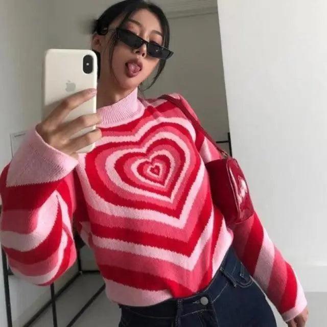 Vintage Style Knitted Sweater Aesthetics Heart Striped Pullovers Sweater For Girls Sweet Long Sleeve Turtleneck Jumper