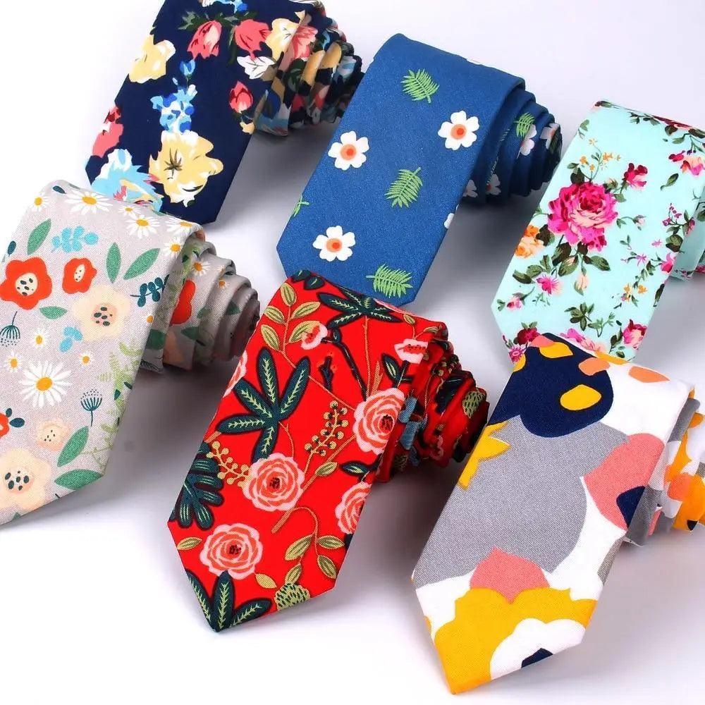 Wedding Men Floral Tie Skinny Cotton Casual Neck Tie Elegant Neckties Flower Print Fashionable Design - STIL7799OLPOL