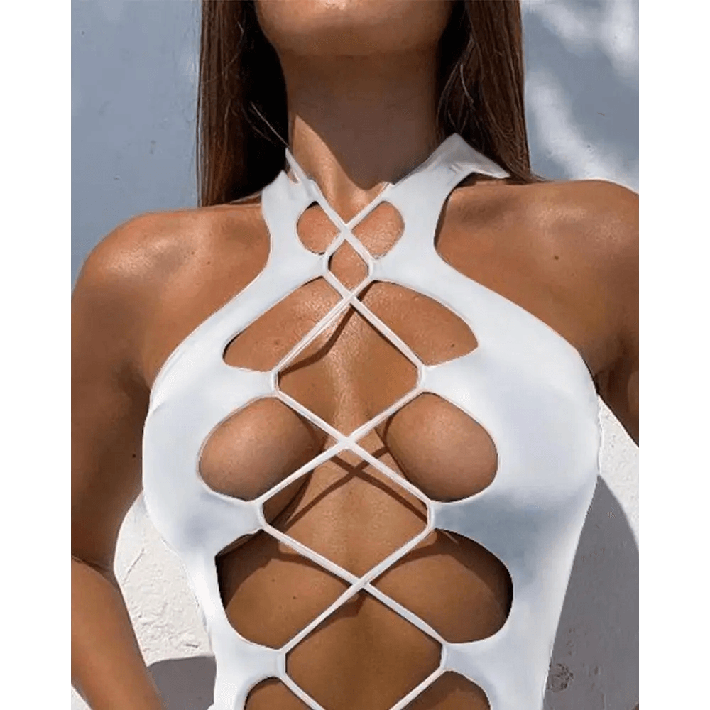 White One Piece Women Fashion Lace-up Plunge Swimsuit Sleeveless Solid Swimwear For Girls - STEVVEX Fashion - 711, beach swimsuit, black swimsuit, elegant swimsuit, luxury swimsuit, one piece swimsuit, one piece swimwear, red swimsuit, swimsuit, white swimsuit, woman, woman swimsuit, Woman swimwear, women swimwear - Stevvex.com