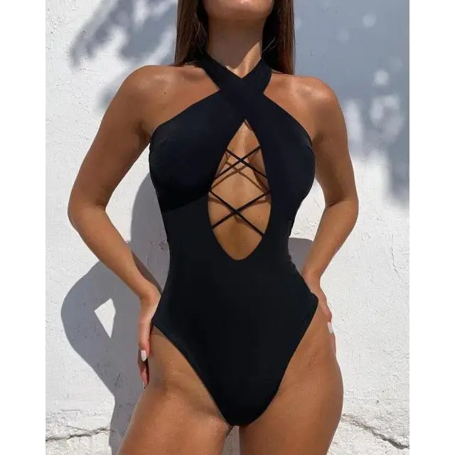 White One Piece Women Fashion Lace-up Plunge Swimsuit Sleeveless Solid Swimwear For Girls - STEVVEX Fashion - 711, beach swimsuit, black swimsuit, elegant swimsuit, luxury swimsuit, one piece swimsuit, one piece swimwear, red swimsuit, swimsuit, white swimsuit, woman, woman swimsuit, Woman swimwear, women swimwear - Stevvex.com