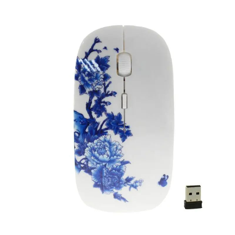 Wireless Blue White Flower Pattern Mouse Optical Mice 1600 DPI Wireless Mouse Portable Mobile Office USB Mouse