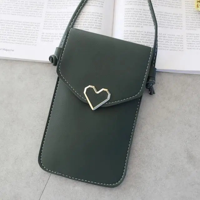 Women Bag Shoulder Transparent Bag Card Holders Girl Handbag Ladies PU Leather Clutch Phone Wallets Purse - Dark green