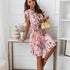 Women Chiffon Ruffles Sleeve Floral Print Mini Dress 2021 Summer Casual Deep V Neck Pink Pleated Office Ladies Dresses For Women - Stevvex - - Stevvex.com