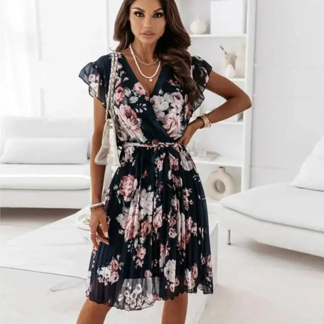 Women Chiffon Ruffles Sleeve Floral Print Mini Dress 2021 Summer Casual Deep V Neck Pink Pleated Office Ladies Dresses For Women - Stevvex - - Stevvex.com