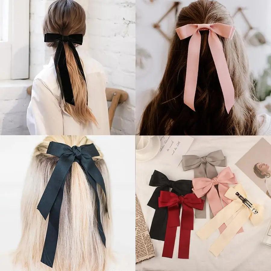 Women Cute Bowknot Big Hair Bow With Long Tassel Ribbon Charming Hair Clips Elegant Hairpin Design Hair Accessories