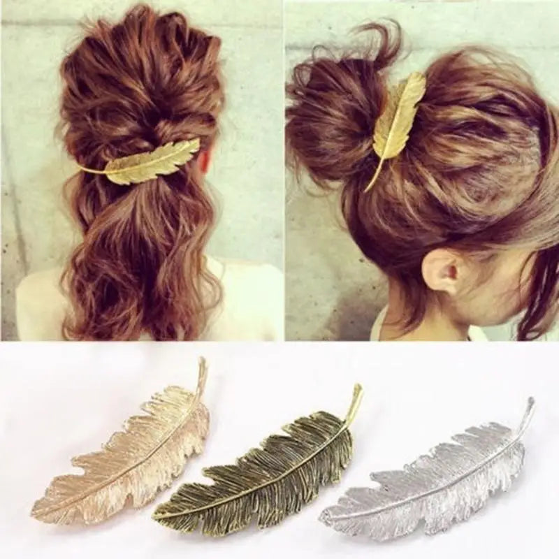 Women Elegant Leaf Feather Shaped Metal Gold Silver Hair Clip For Women Simple Design Ladies Hair Barrettes