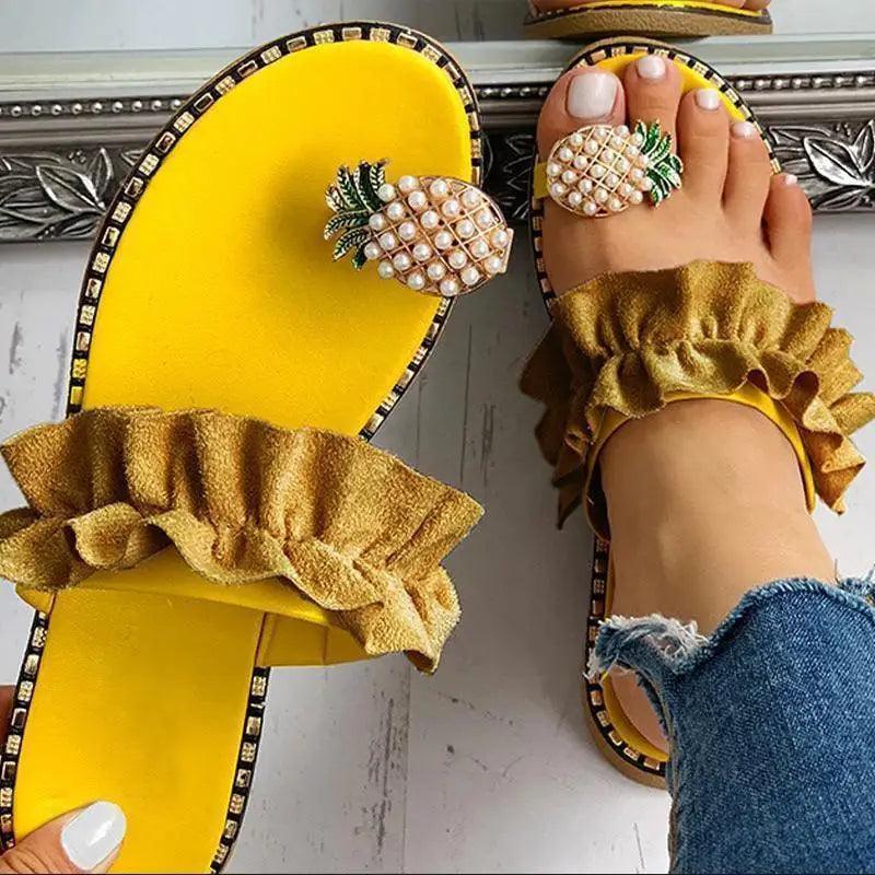 Women Flat Yellow Sandals Summer Fashion Elegant Comfortable Pineapple Design For Womens - ALLURELATION - 502, Beach Sandals, Casual Womens Shoes, Comfort Sandals, Cotton Fabric Sandals, Elegant Sandals, Fashion Sandals, Sandals, Shoes, Stylish Sandals, Summer Sandals, Women Sandals, Women Shoes, Womens Sandals, Womens Shoes, Yellow Sandals - Stevvex.com